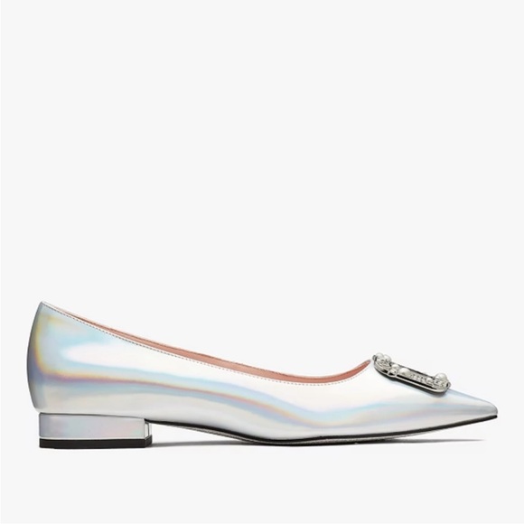 ♠️kate spade Buckle Up Pointed Toe Flats, Metallic Silver Iridescent NIB - Picture 2 of 8